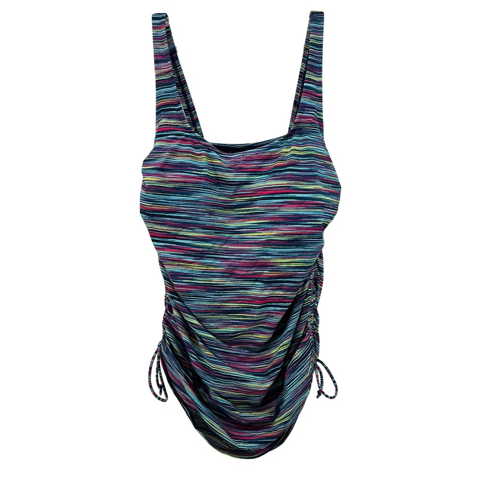 Lands End Womens Multi‎ Color Space Dye Ruched Tankini Swim Top 12 D Square Neck